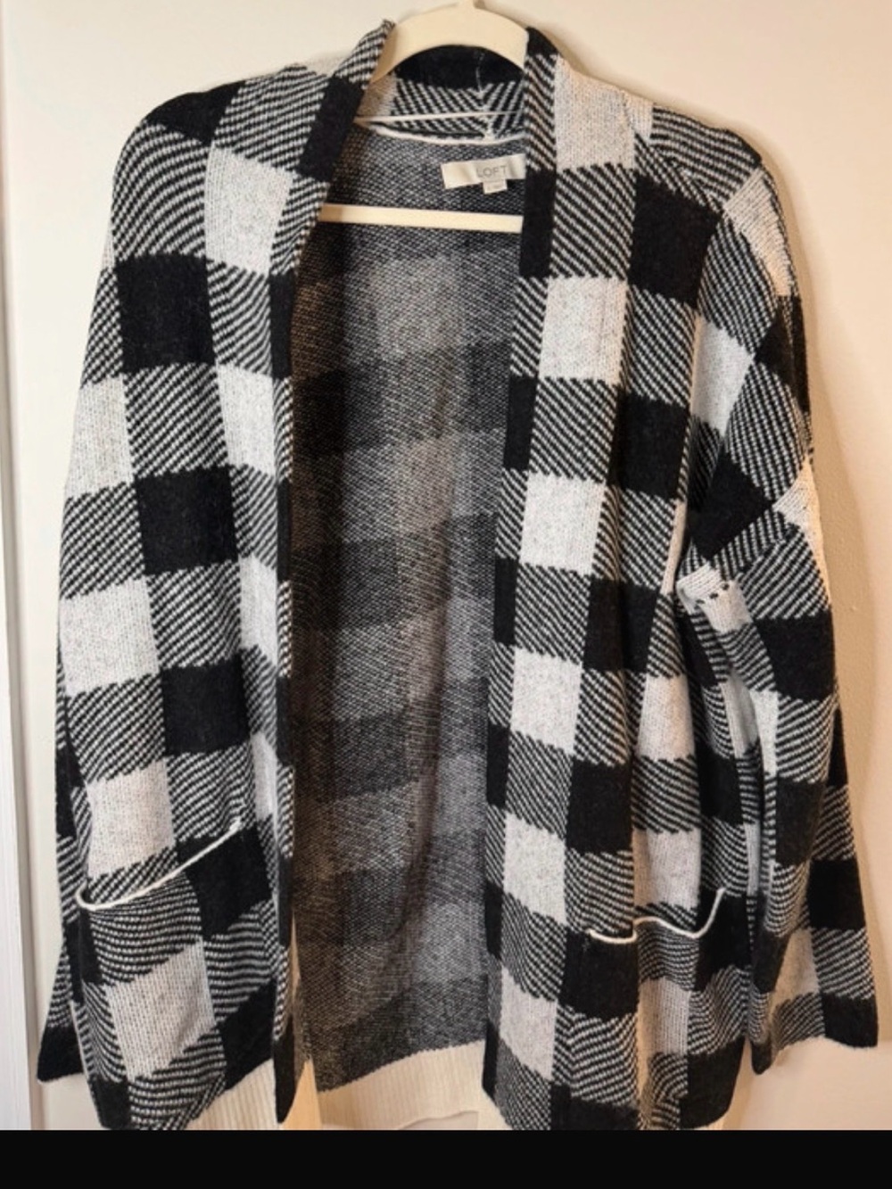 LOFT Black & White Buffalo Check Open-Front Cardigan